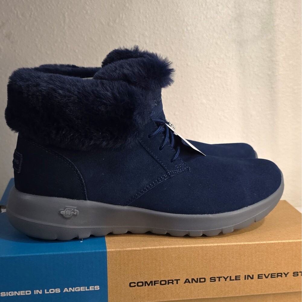 SKECHERS Women’s Blue Suede Fur Trim Ankle Bootie Lace Up Round Toe 8
